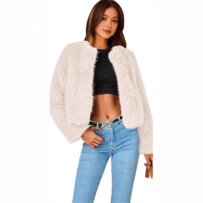 

KIDCRKJ Winter Women's Fluffy Faux Fur Jacket Round Neck Full Sleeve EcoFur Coat For Female Short Lady's Artificial Fur Coat