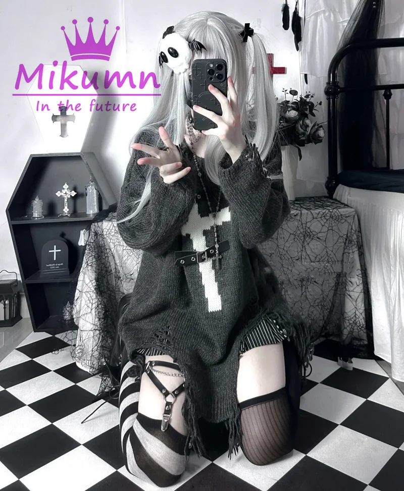 Harajuku Y2k Loose Long Sleeve Sweather Gothic Cross Metal Buckle Punk Women Knitted Pullover Chic Streetwear