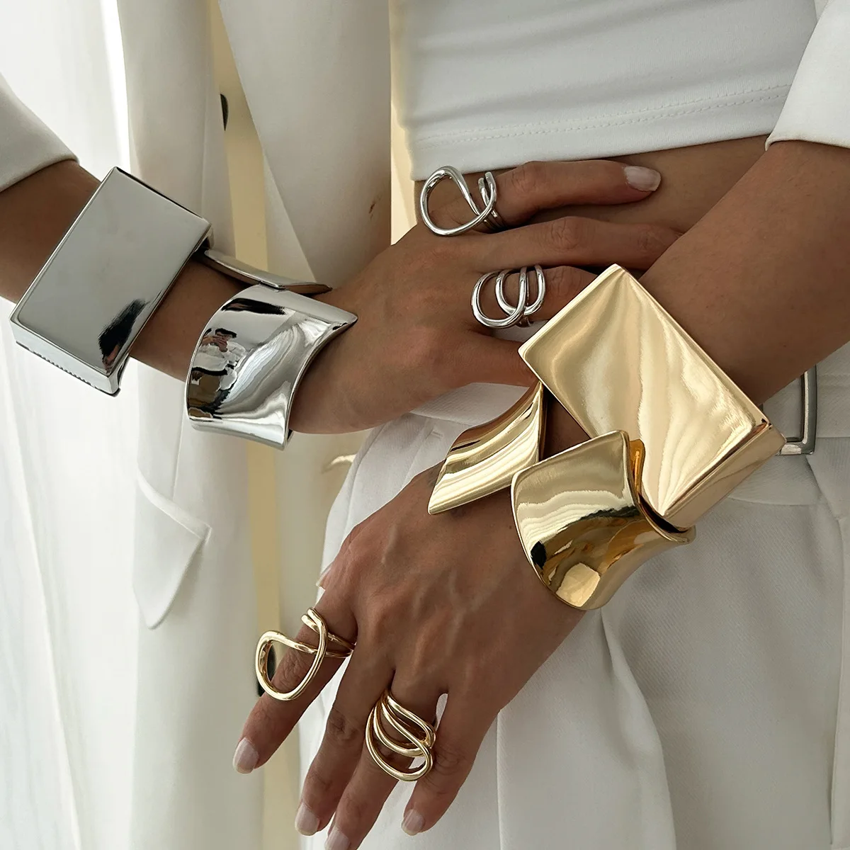KMVEXO Hip Hop Metal Wide Cuff Bangles Punk Fashion Gold Silver Color Geometric Spring Bangles For Women Bracelet Men Jewelry