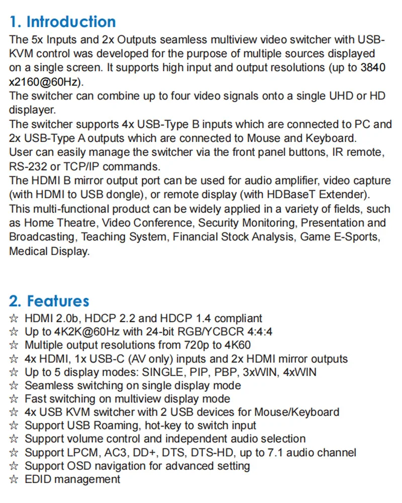 محول فيديو UHD بدون خياطة 5 × 1 مع محول HDMI متعدد الرؤية وتحكم KVM 5 في 1out #5