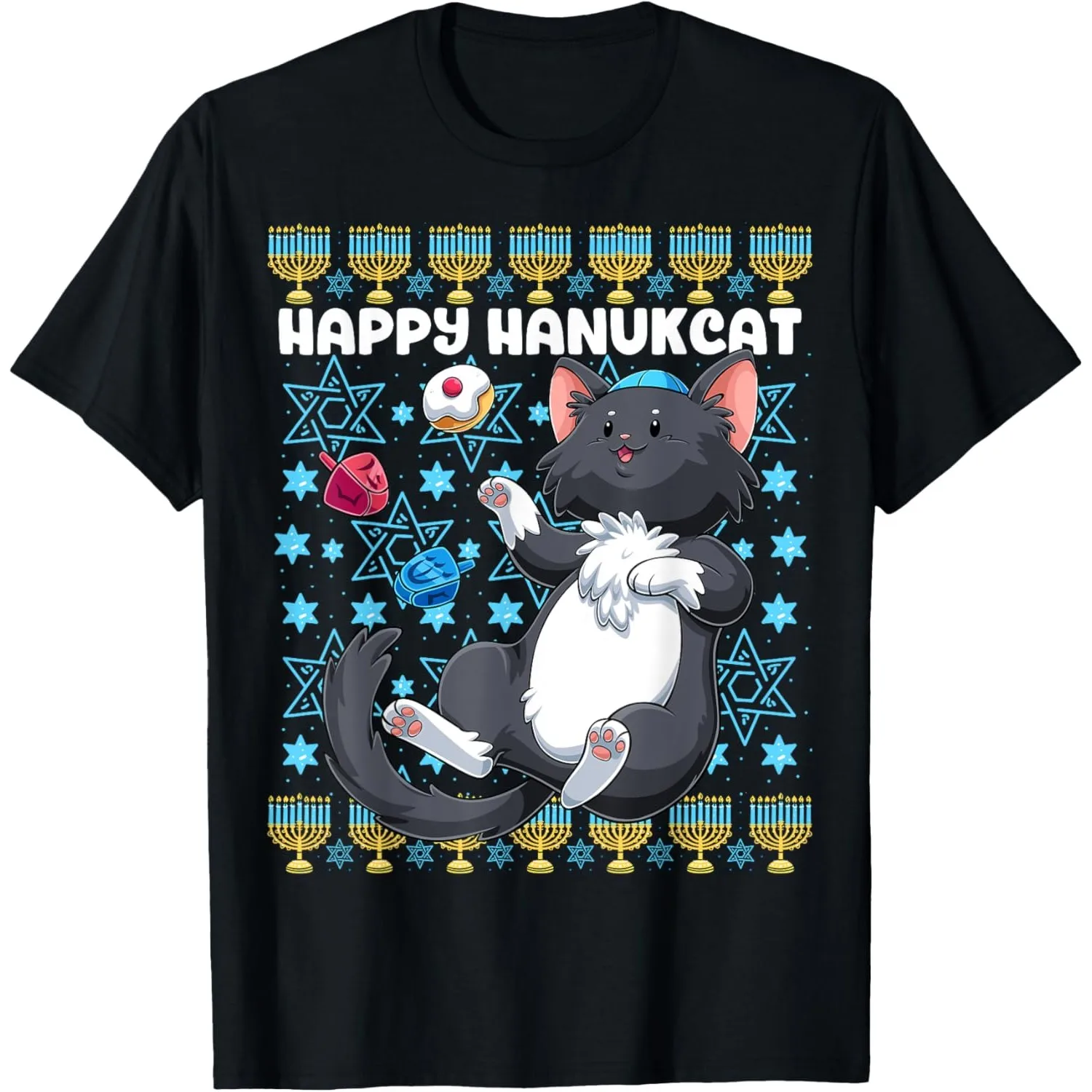 Hanukcat Graphic Tee Cute Cat Playing Dreidel Funny Jewish Holiday Cotton T-Shirt