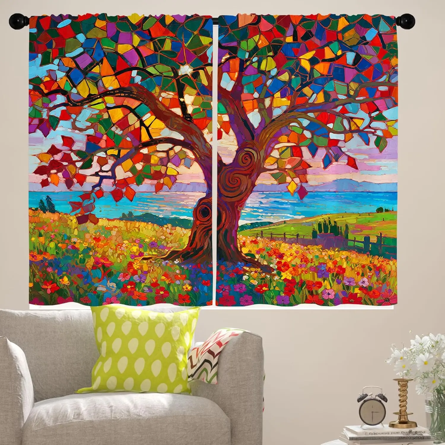 Vibrant Floral Bohemian Tree Art Window Curtains 2pcs Pair Tropical Nature Scene Drapes for Living Room Bedroom Decor