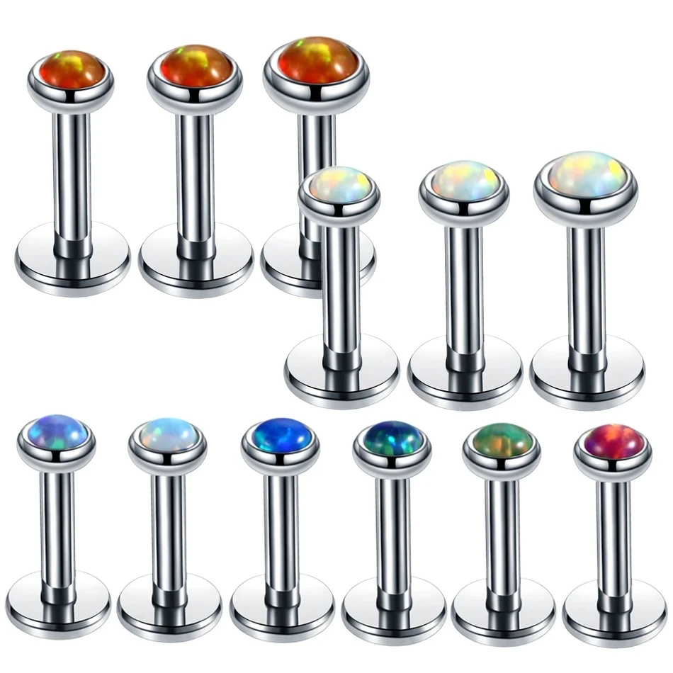 10Pcs/lot Surgical Steel Internally Thread Labret Stud Opal Stone Ear Helix Tragus Barbell Piercing Lip Rings Body Jewelry 16G
