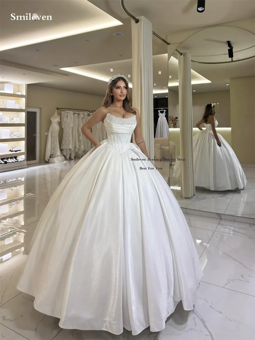 Smileven perles plis bretelles robes de mariée blanc ivoire bretelles Satin robes de soirée de mariage 2026 personnalisé