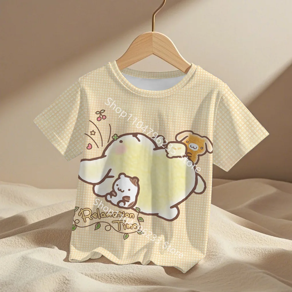 

Детская футболка с помпоном Purin Sanrio, детские футболки с рисунком аниме для мальчиков и девочек, новинка 2025, модная детская одежда, топы