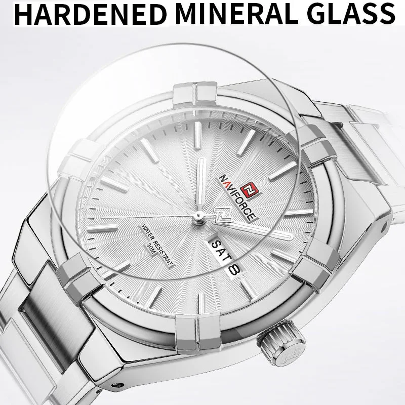 แพ็คเกจของขวัญนาฬิกาข้อมือควอตซ์ลำลองแฟชั่นสำหรับผู้ชาย NAVIFORCE สไตล์ใหม่ สายเหล็กกันน้ำ แบรนด์ชั้นนำ พร้อมของขวัญ