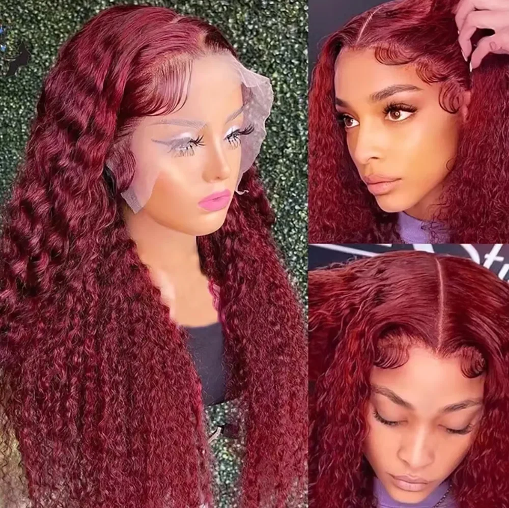 99j Deep Wave 13x6 HD Lace Frontal Wig Human Hair Transparent Burgundy Front Wigs Colored 100% Human Hair Wigs 200 Density