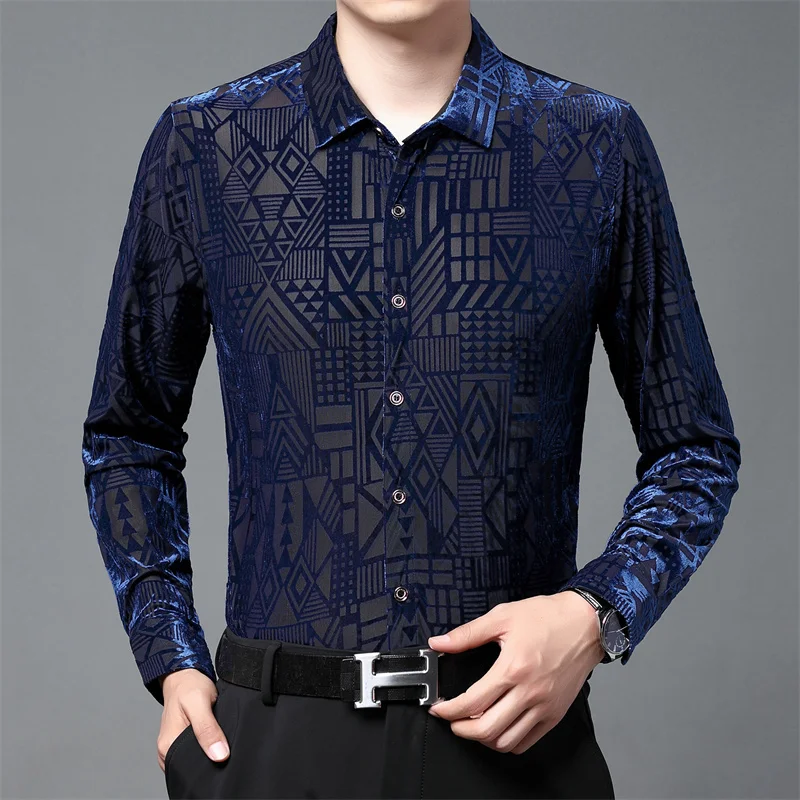 Fall Velvet Shirt Club Party Chemise Homme Geometric Pattern Print Long Sleeve Slim Fit SexyTransparent Shirt Men Camisa Hombre