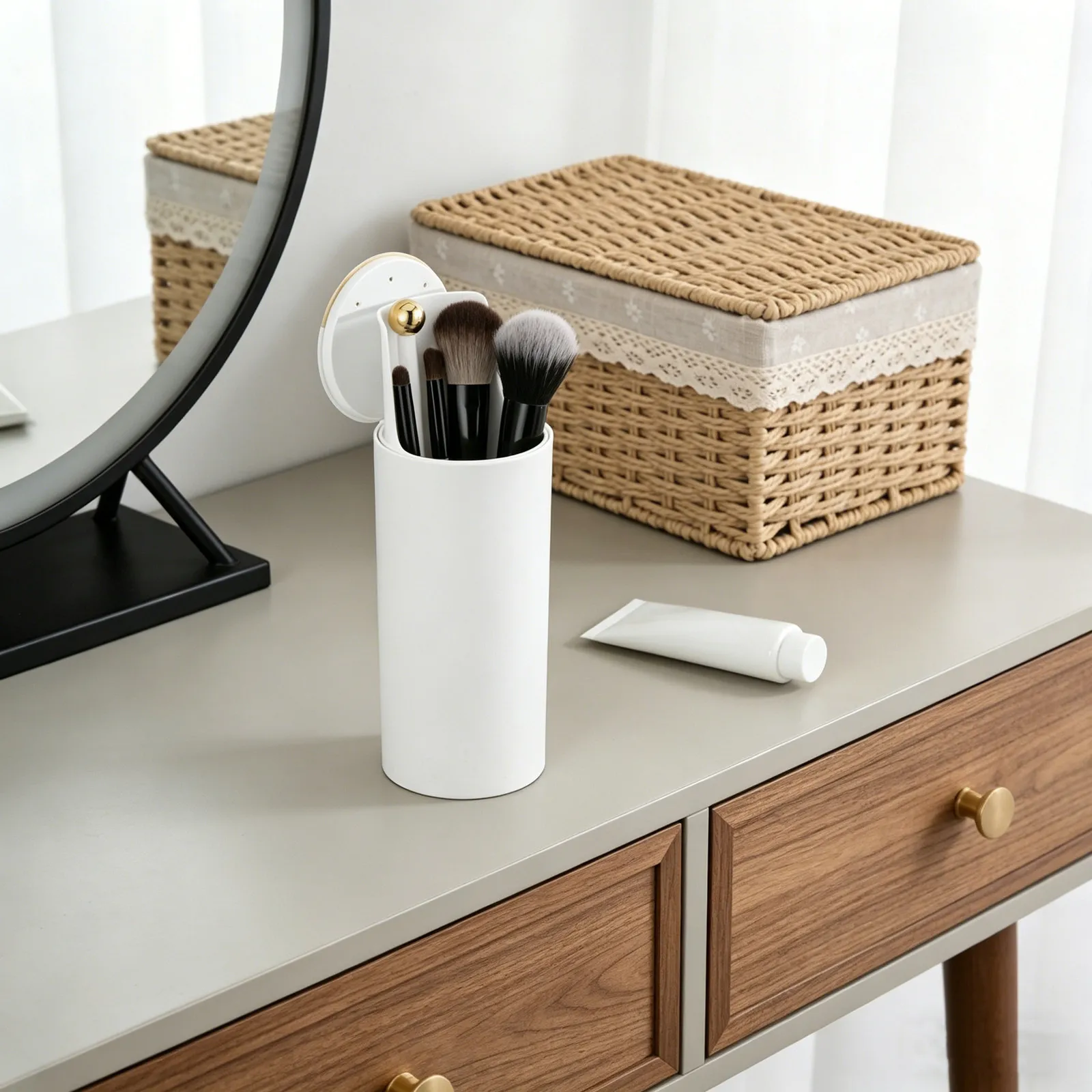 Makeup Brush Holder Auto Lift White Cover Vanity Organizer Press to Open Brush Cup Divided Storage Dustproof Makeup
