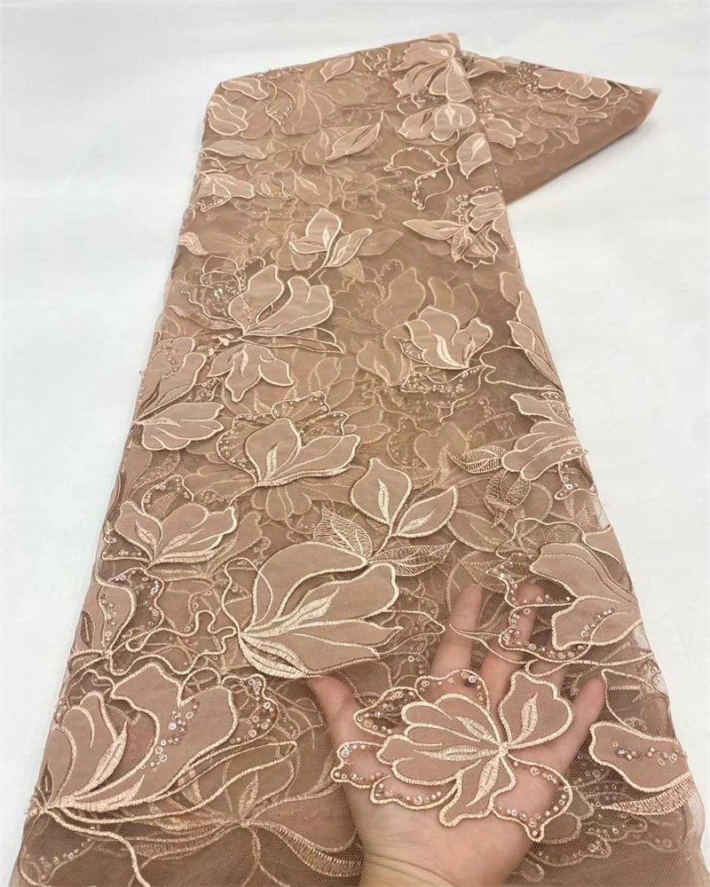 

High-Quality African Sequins Beaded Lace Fabric 2025 French Nigerian Style Embroidery for Wedding Dresses
