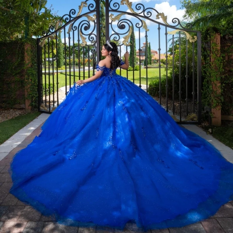 

Royal Blue Shiny Ball Gown Quinceanera Dresses Applique Lace Beading Crystal Tull Corset Off The Shoulder Sweet 16 Dress Vestido