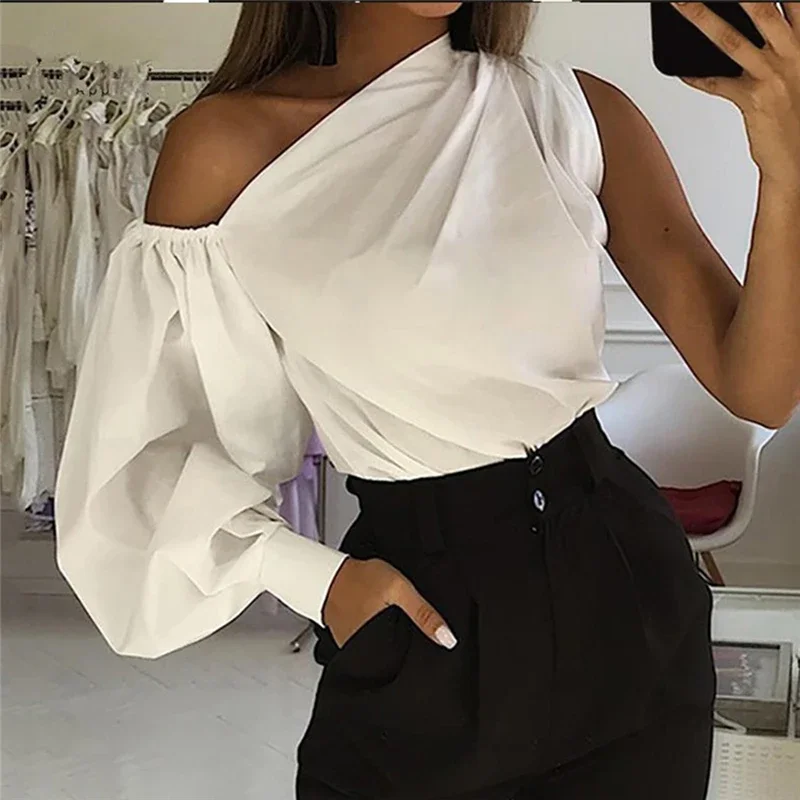 Sexy Off Shoulder Women Shirts Summer Lantern Sleeve Blouse Casual Loose Solid Tops Lady Elegant Blusas Femme Streetwear Shirt