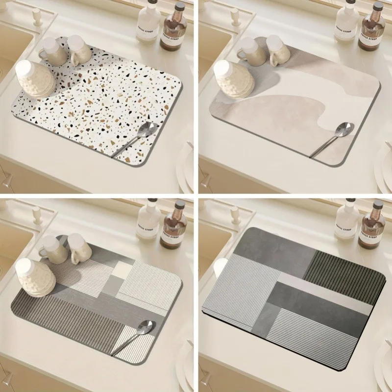 Marble Geometry Dish Drying Mat Kitchen Super Absorbent Quick Dry Drain Pad Home Dining Room Decor Washable Diatom Mud Tablepad