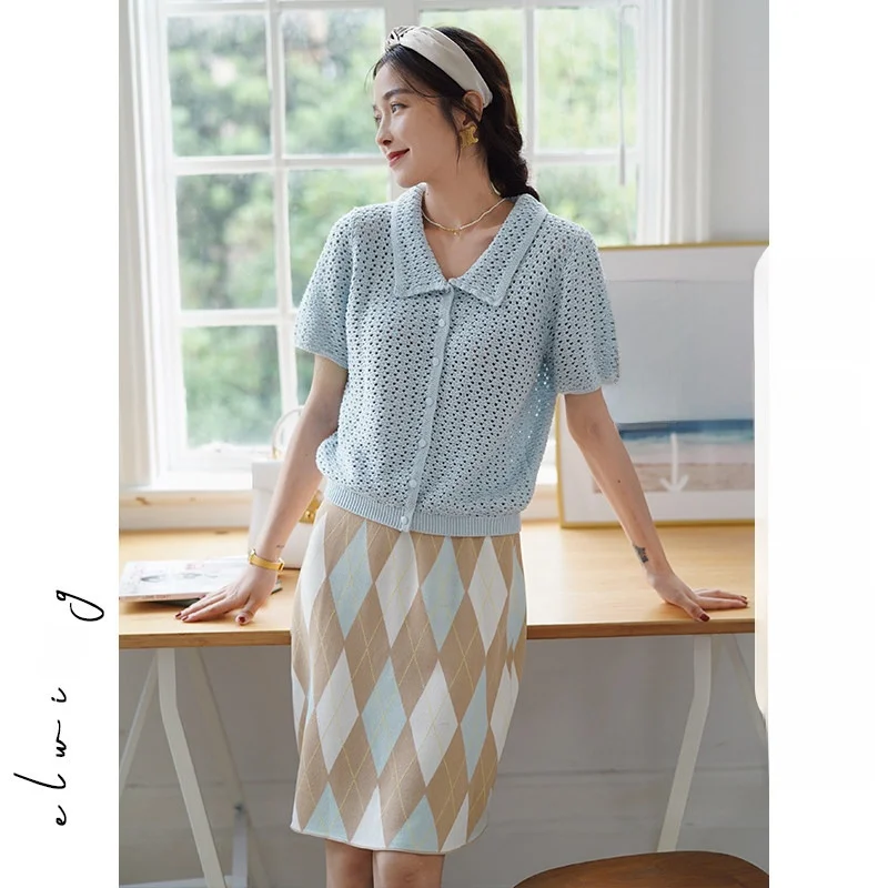 

Elwing Original Knitted Hollow out Hook Flower Design Short Sleeve Collar Open Cardigan Women's Summer New Single Button