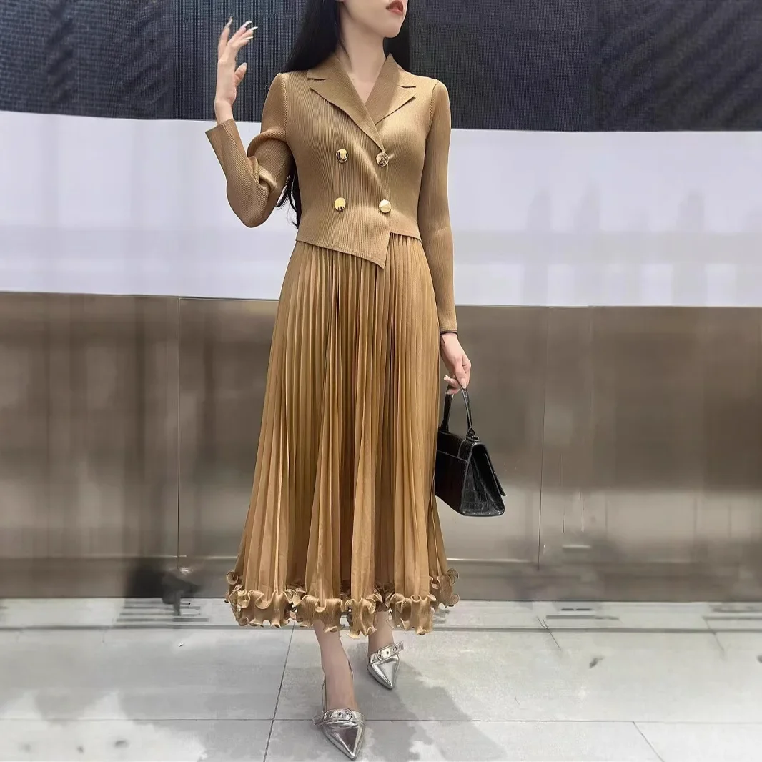 

Miyake Style Pleated Dress for Women 2025 New Solid Color Fake Two-piece Suit Collar Long Sleeve Loose Large Size Pleated Skirt