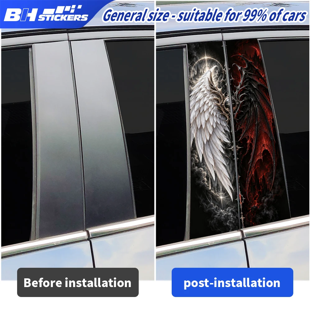 Angel Demon Wing Split Car B Pillar Sticker 2Pcs Vinyl Window Middle Column Decal Universal Auto Exterior Decoration Accessories
