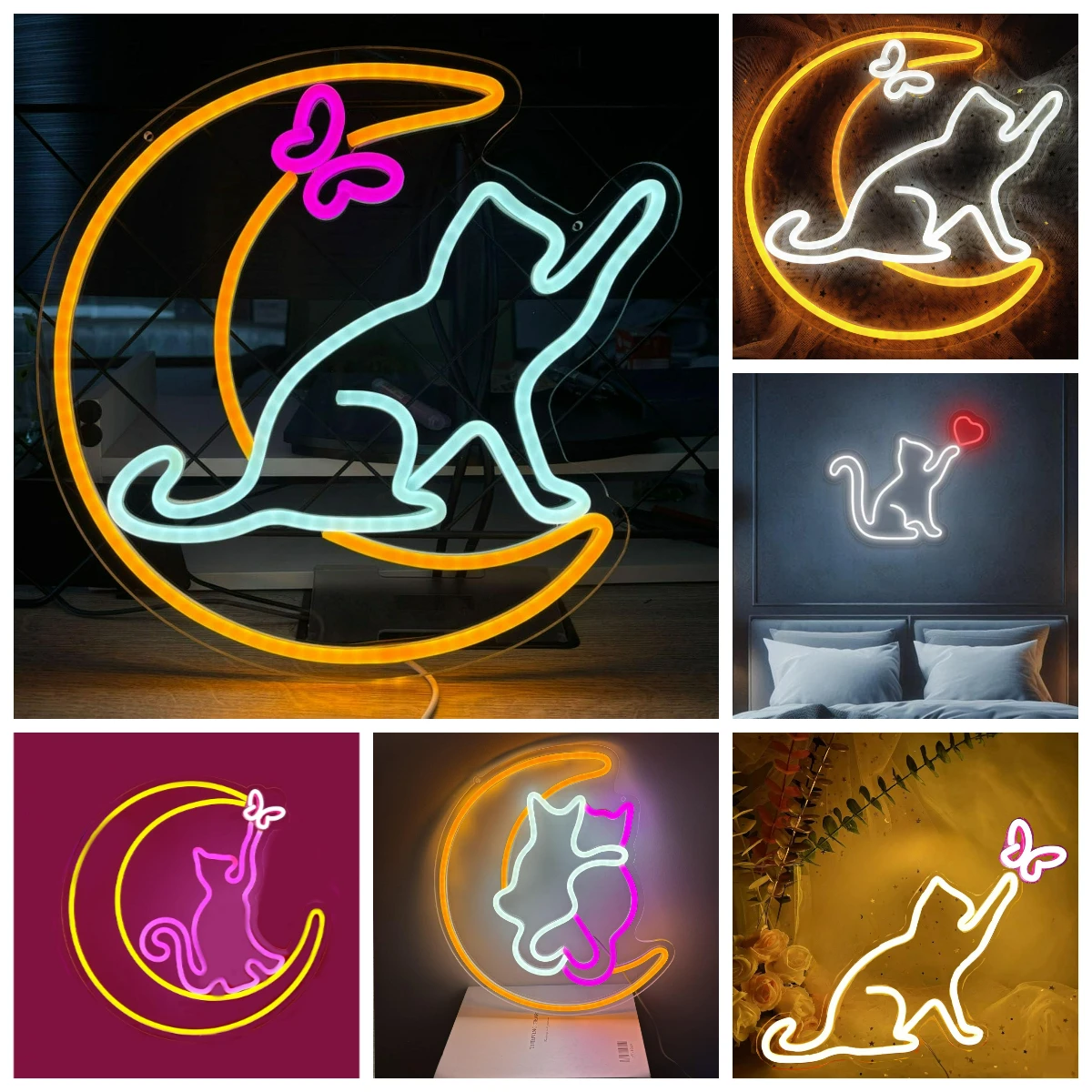 Cat and Moon Neon Sign USB Dimmable LED Neon Light for Bedroom Living Room Preppy Room Animal Themed Wall Art Decoration Gift