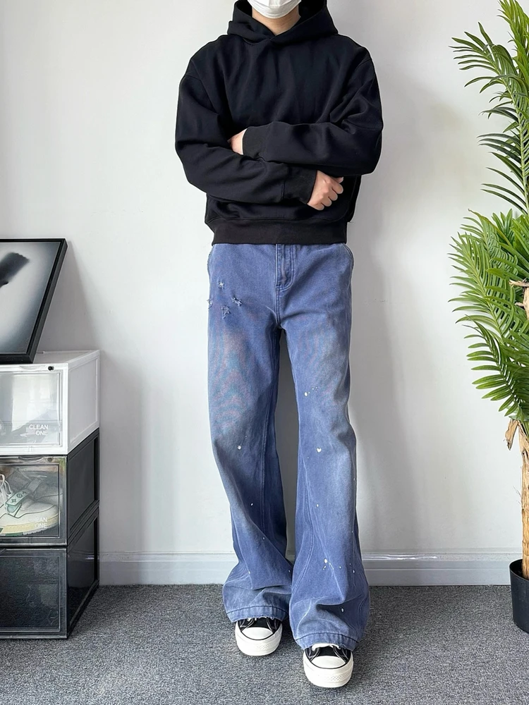 

Vintage Washed Blue Jeans Straight Leg Casual Slimming Men's Denim Pants Retro Splashed Ink Effect Daily Wear Cotton Blend