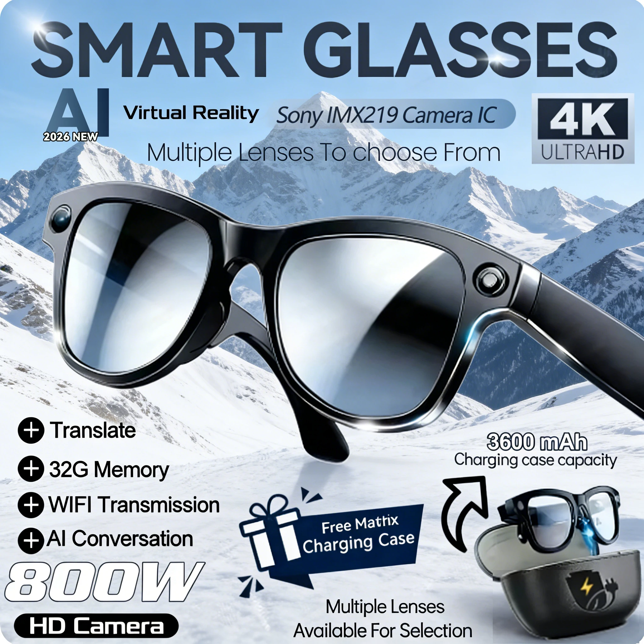 

Умные очки с камерой 8K, Bluetooth-звонками, аккумулятором 360 мАч, голосовым помощником, функцией перевода и распознавания объектов