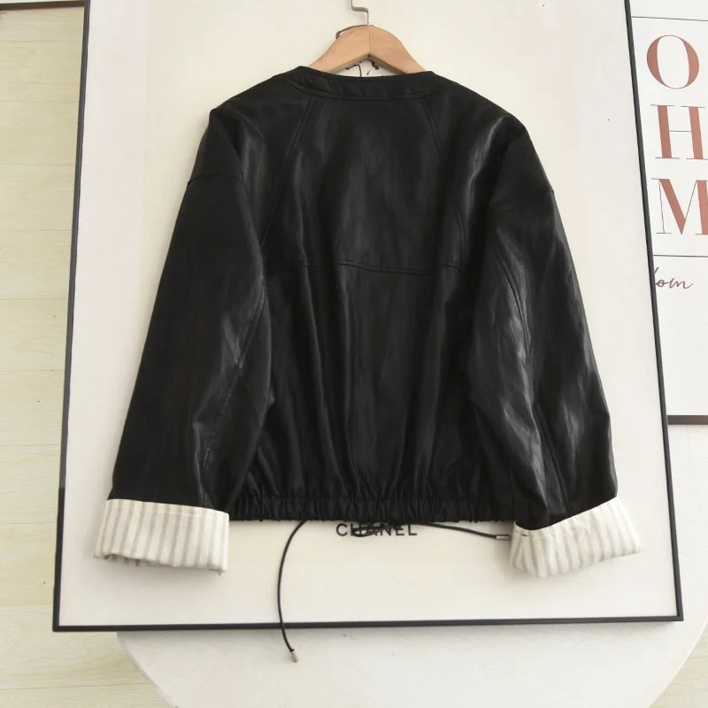 Doce e legal sle couro jaet sve design casual solto ajuste feminino casaco ort outono nova chegada design fiel