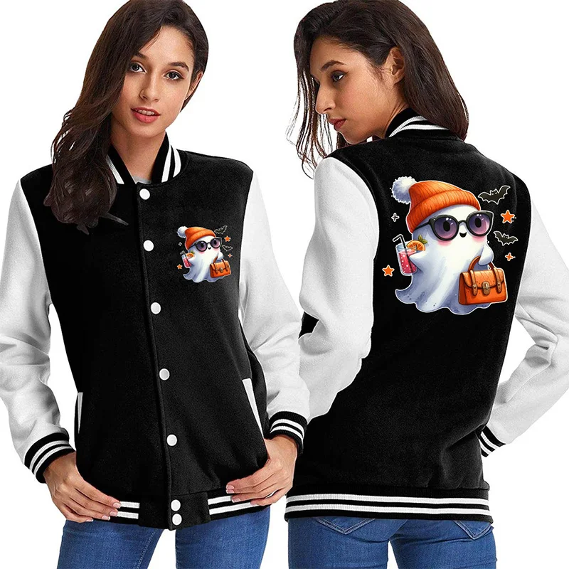 New Halloween Ghost Pumpkin Bat Print Jacket Coat Fashion Casual Long Sleeve Sweatshirt Women Baseball Jacket