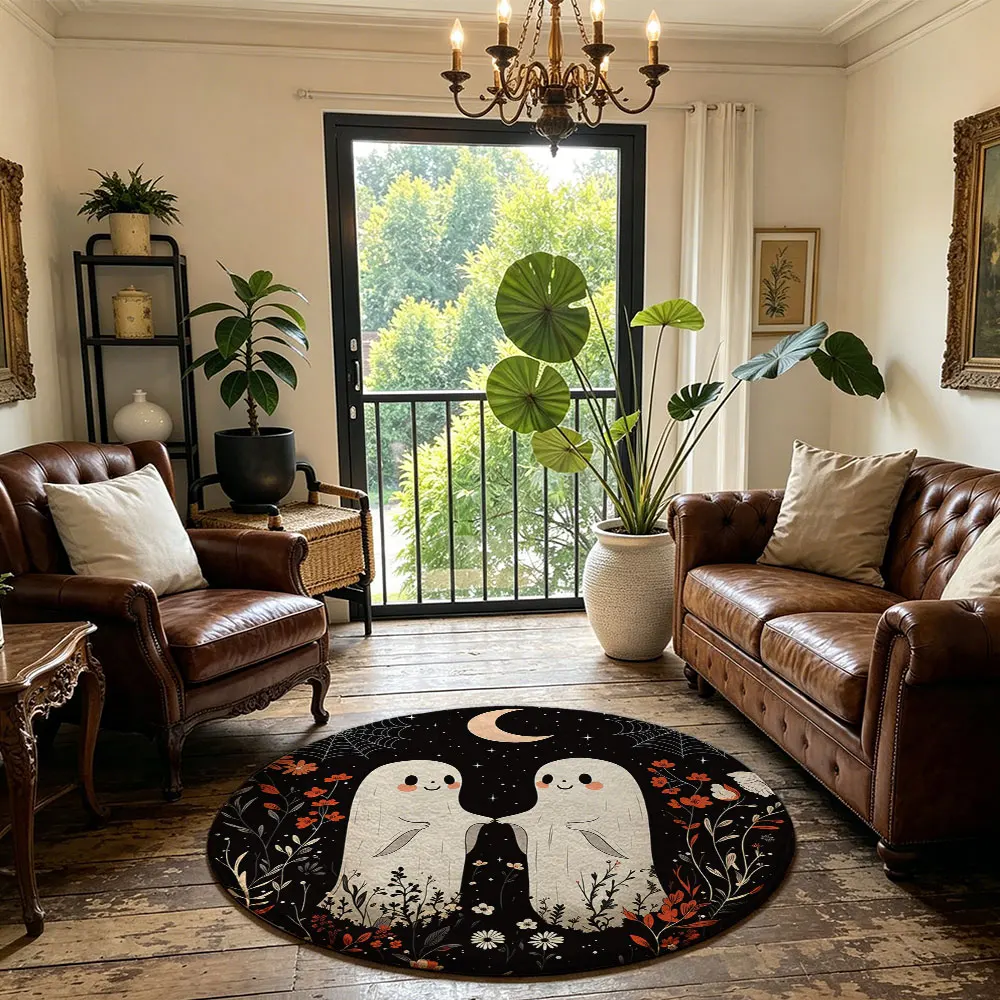 1pc Halloween couple ghost round floor mat for living room sofa tufted leaf bottom washed home decoration