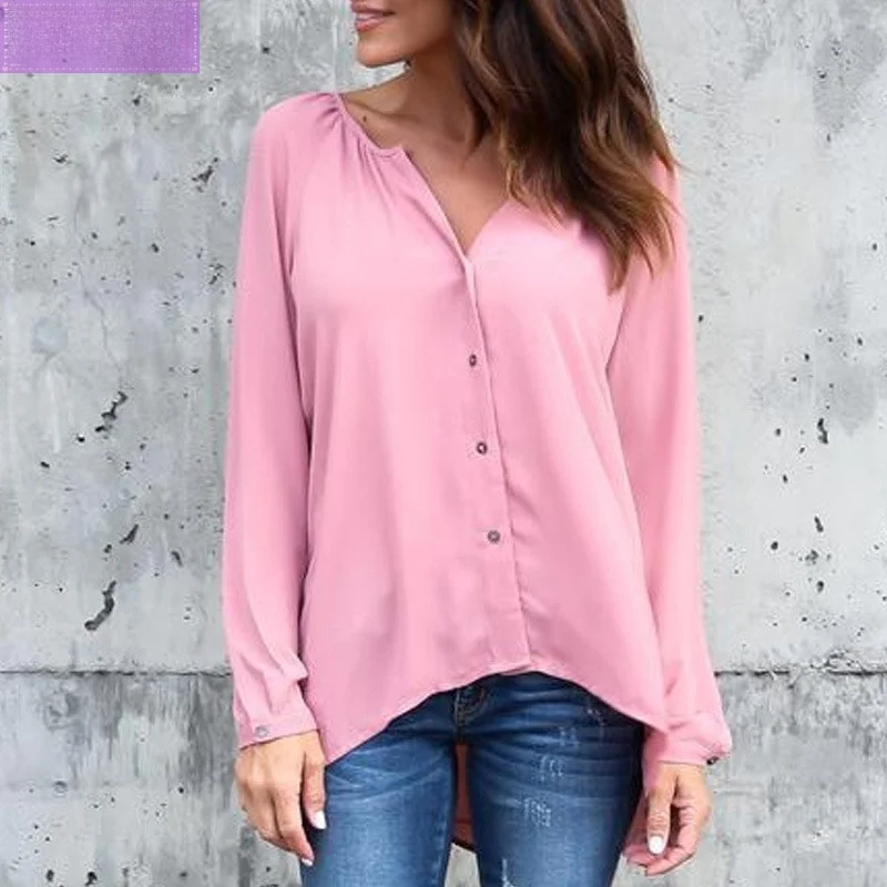 Camicetta lunga in chiffon Sve da donna estiva pieghevole Street Sle vestibilità ampia giuntura in poliestere V-Ne top di media lunghezza in puro colore