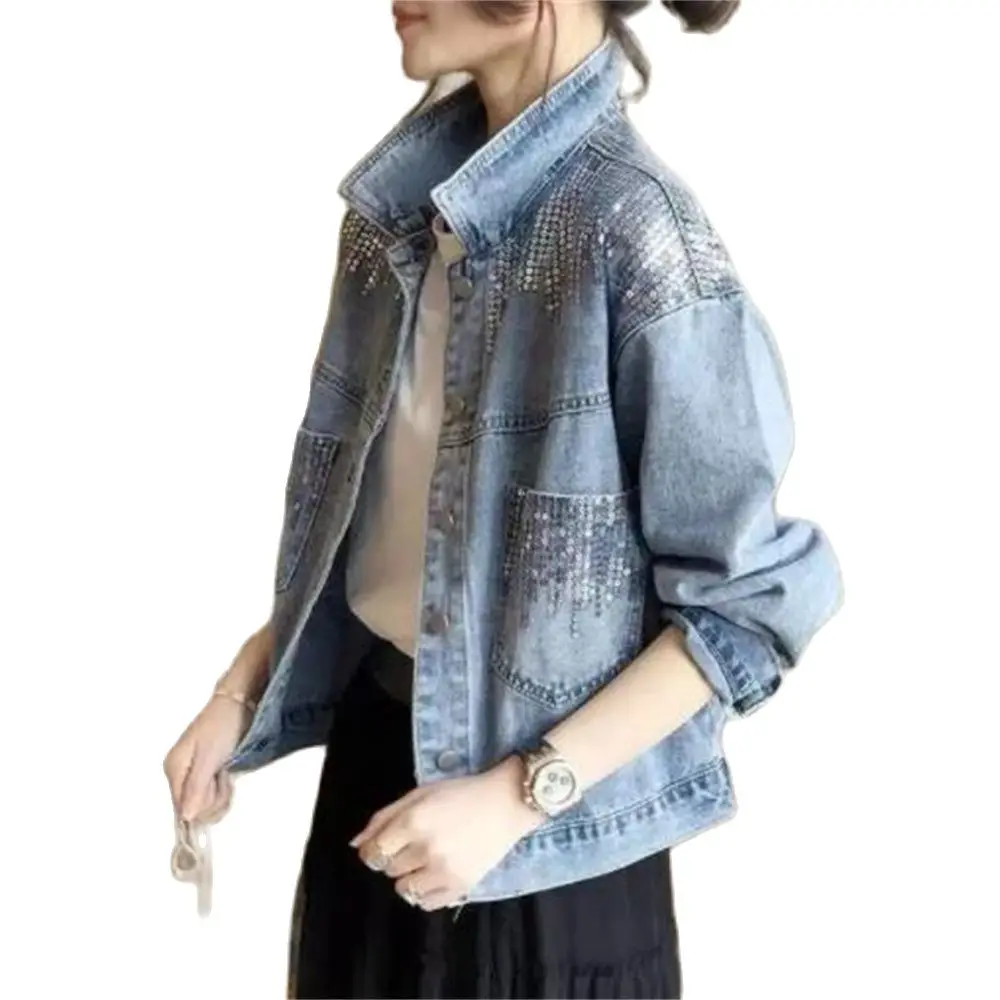 

Women's Sequin Pocket Denim Jacket Long Sleeve Coat Casual Outerwear Spring Tops Autumn Fashion New