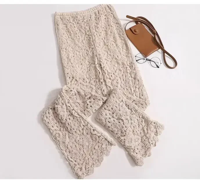 european style Hook Flower Hollow Crochet pants Women Beach Seaside hollow out pant