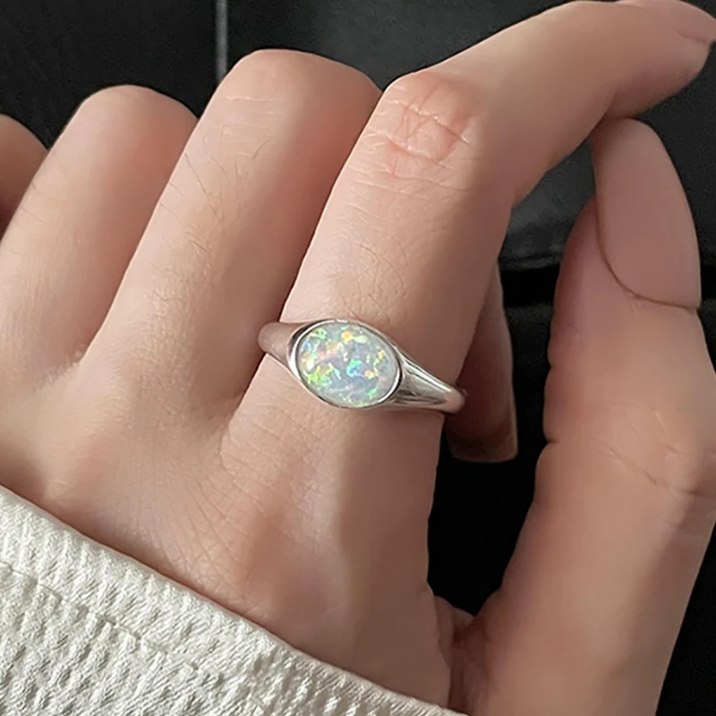 Silver Opal Ring - Elegant Geometric Fashion Jewelry for Women