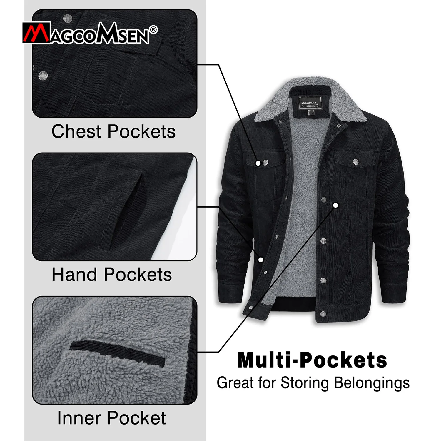 MAGCOMSEN Herren Cordjacken Vintage Sherpa Fleece Windjacke Dicke warme Wintermäntel Lässige Jeansjacke mit mehreren Taschen – Bild 3