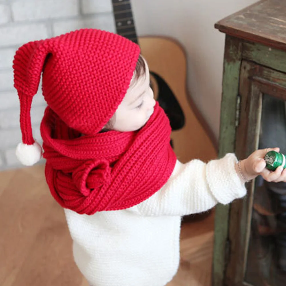 

Red Christmas Knit Hat Warm Tapered Pompom Santa Costume Soft Cosy Stretchy Stitching for Kids Knit Hat