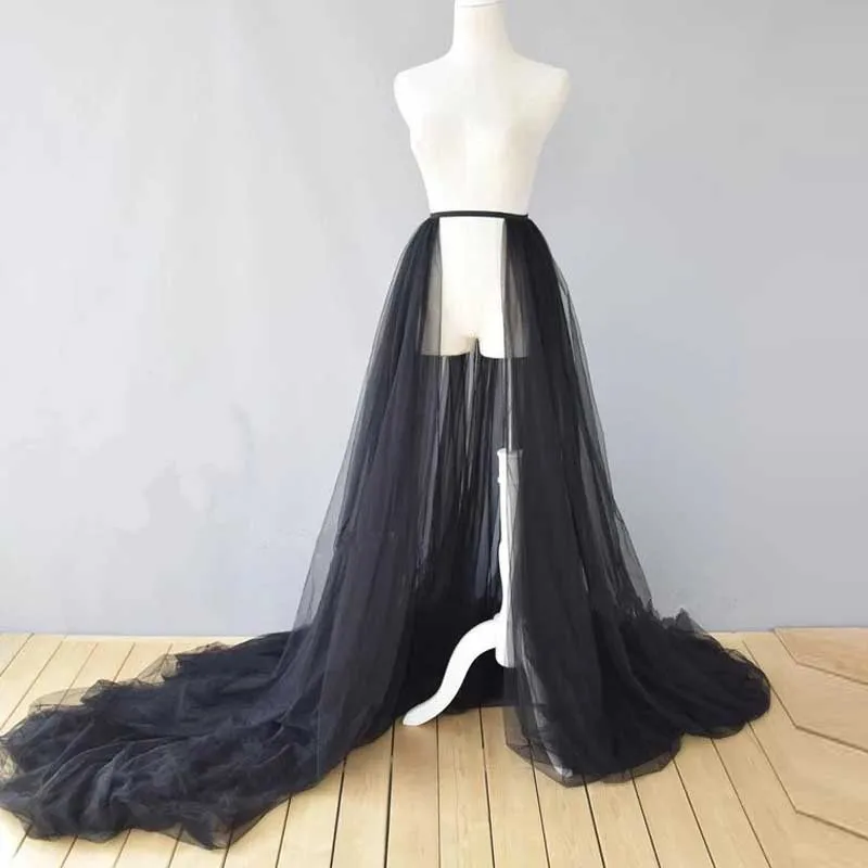 

Elegant Black White Long Train Tulle Wedding Overskirts 5 Layers Detachable Skirt Overlay Elastic Waist 5 Layers Tutu Women Cust