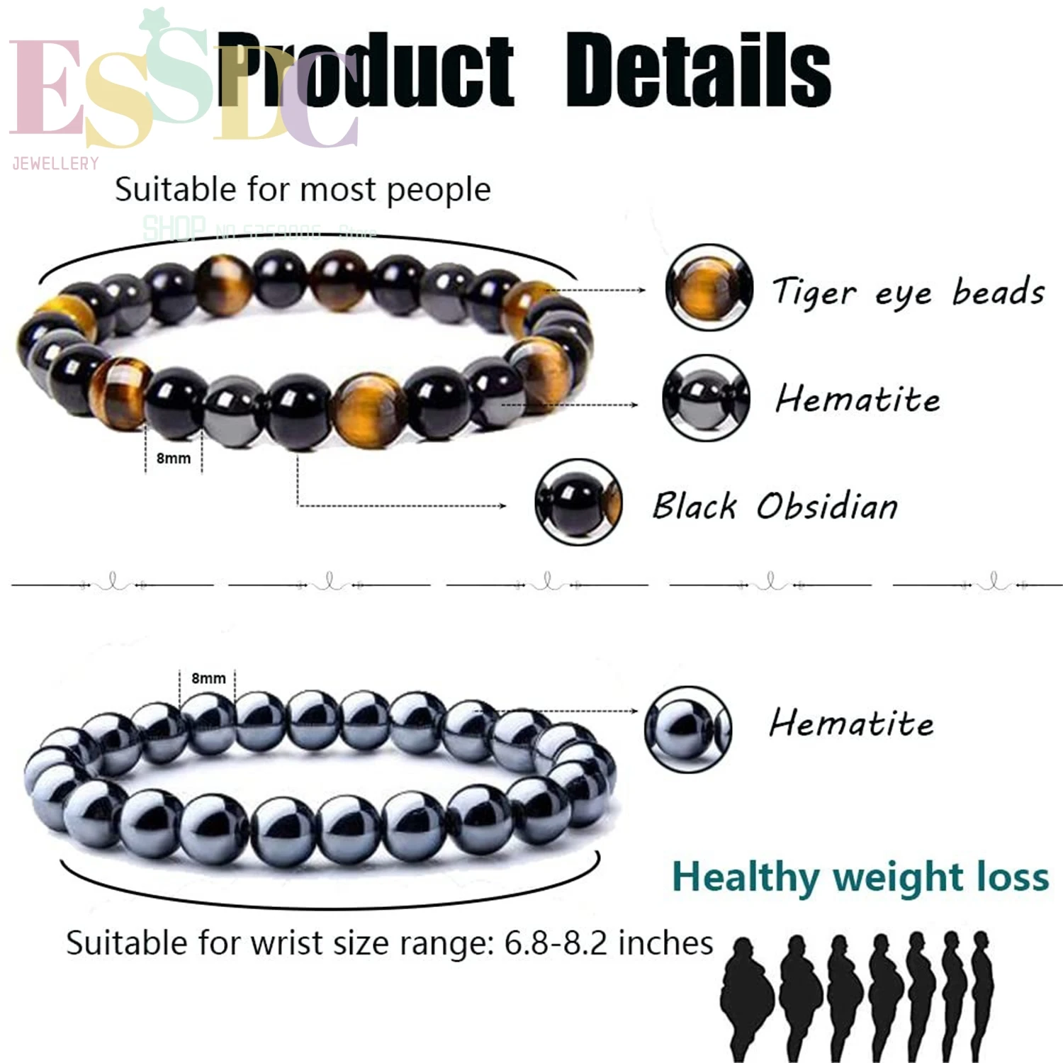 Natural Tiger Eye Stone Black Gemstone Hematite Mineral Beads Energy Magnetic Bracelet for Men Multiple Health Protection Women