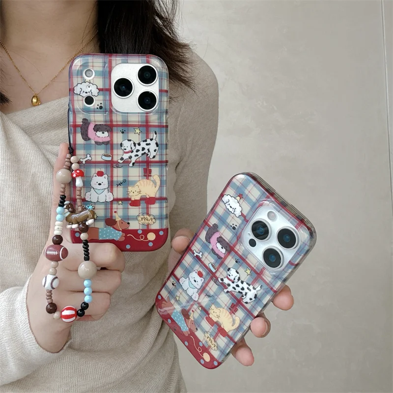 

Korean Red Blue Plaid Pattern Phone Case For iPhone 16 Pro 15 14 17 Pro Max Back Cover with Chain Strap Protective Cases For Gir