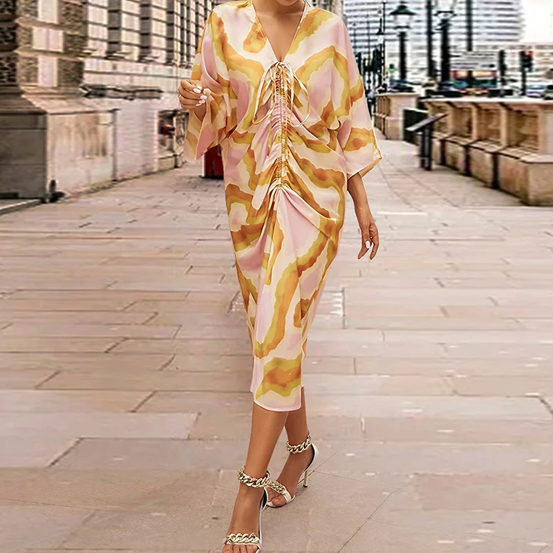 Feminino casual manga morcego bohe vestido de festa moda padrão impressão férias vestidos soltos elegante com decote em v cordão tie-up vestido longo