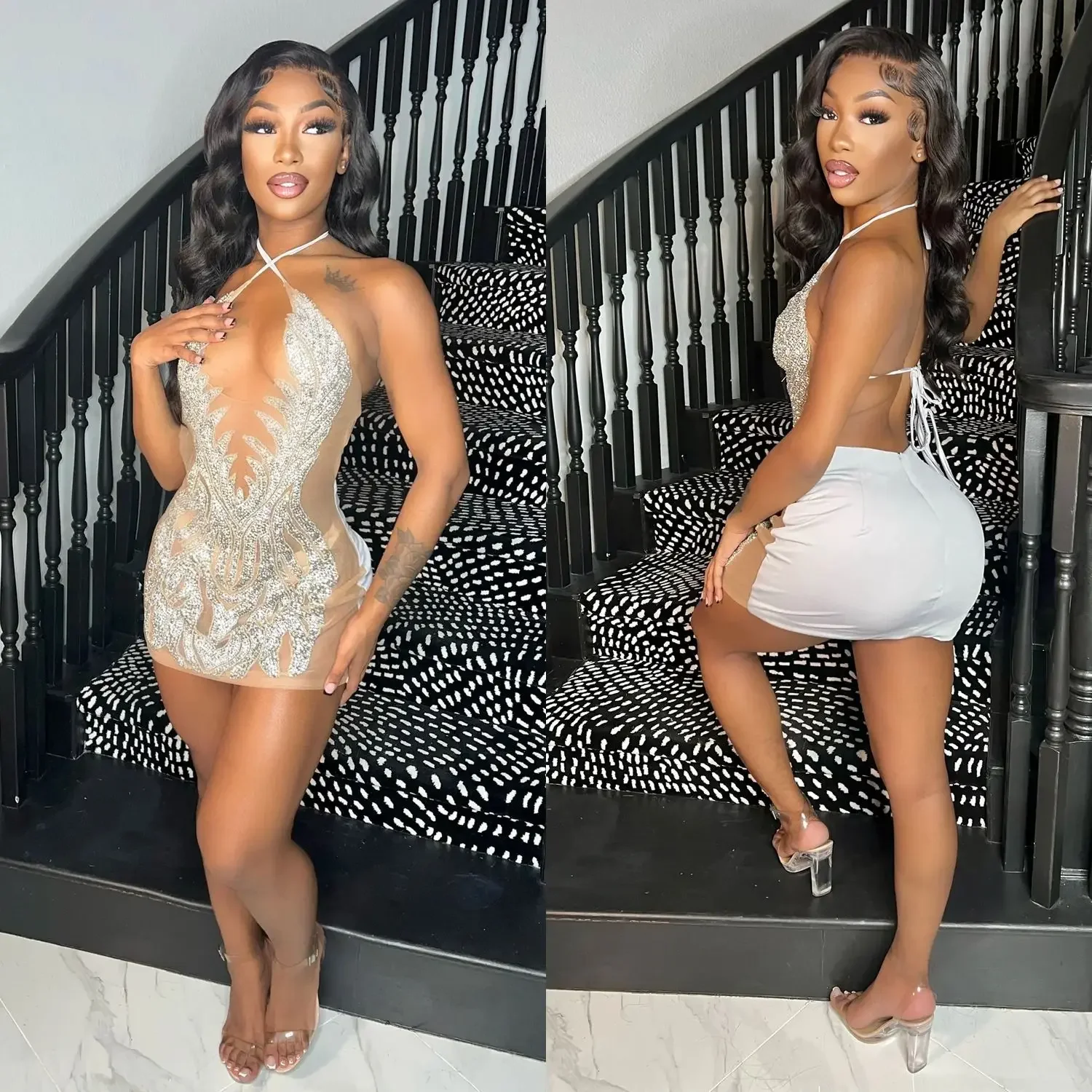 BWQ Spaghetti à lacets licou col en v maille transparente diamant Mini robe Sexy maigre fête soirée boîte de nuit robes robes