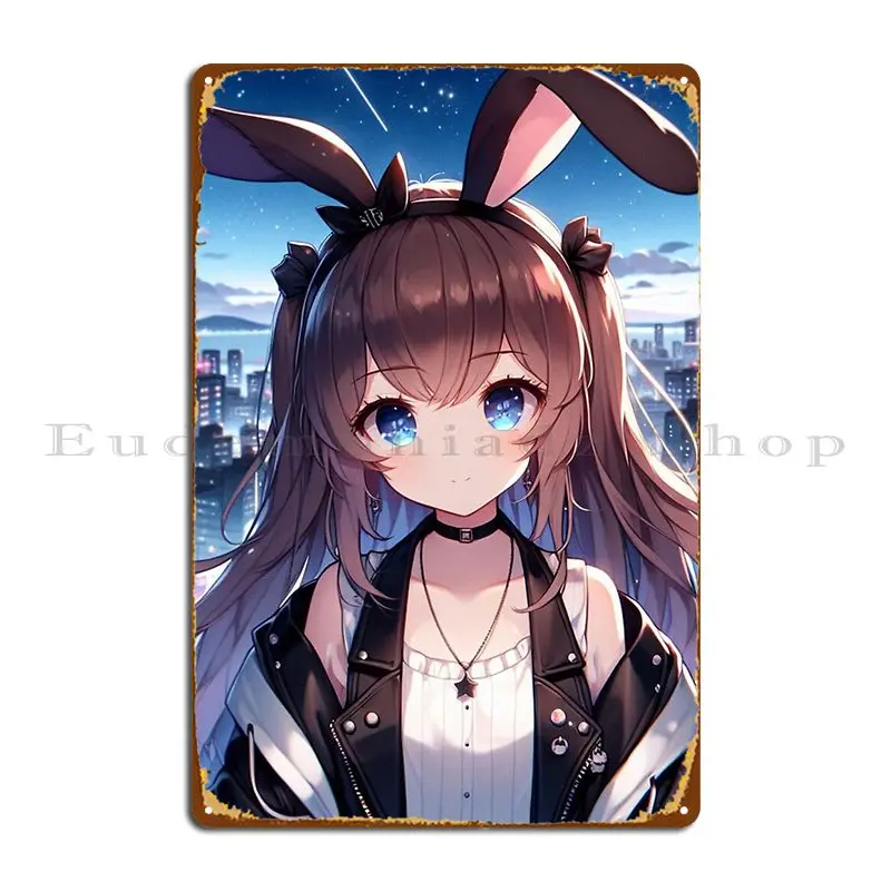 Cute Anime Bunny Girl With Jacket Chilling City View Silvergoldvisionary Metal Plaque Printed Kitchen Kitchen Tin Sign Poster