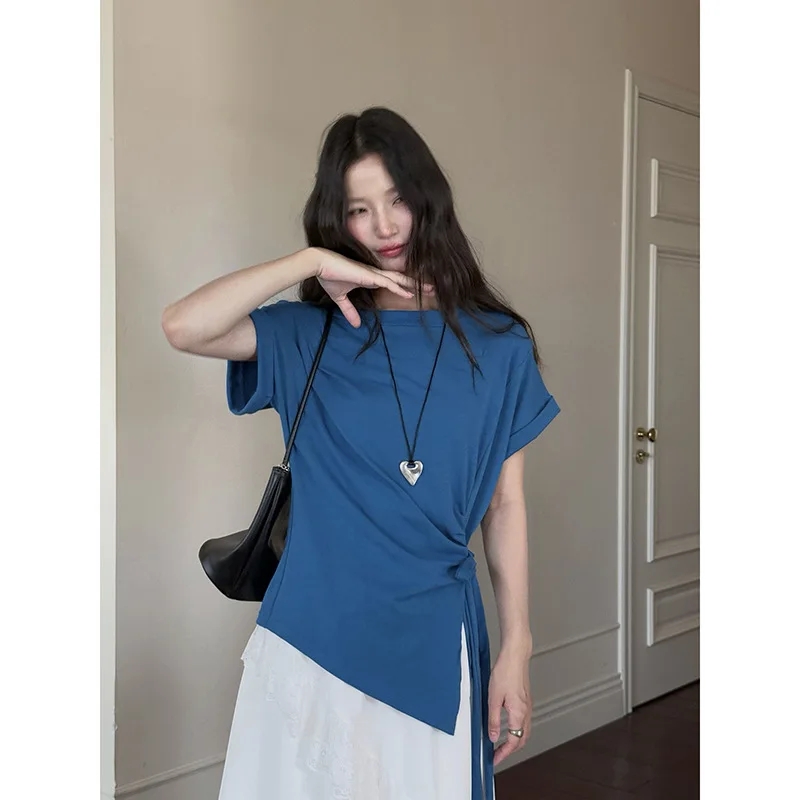 Dames T-shirt in Franse stijl met stropdas in de taille Zomer Casual top met korte mouwen en riemdetail Comfortabel katoenmix Basic T-shirt