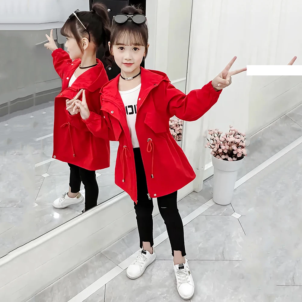 Trenchcoat Voor Meisjes Bedrukt Met Capuchon Lange Mouwen Kids Dunne Jas Voor Kinderen Lente Herfst Trekkoord Bovenkleding