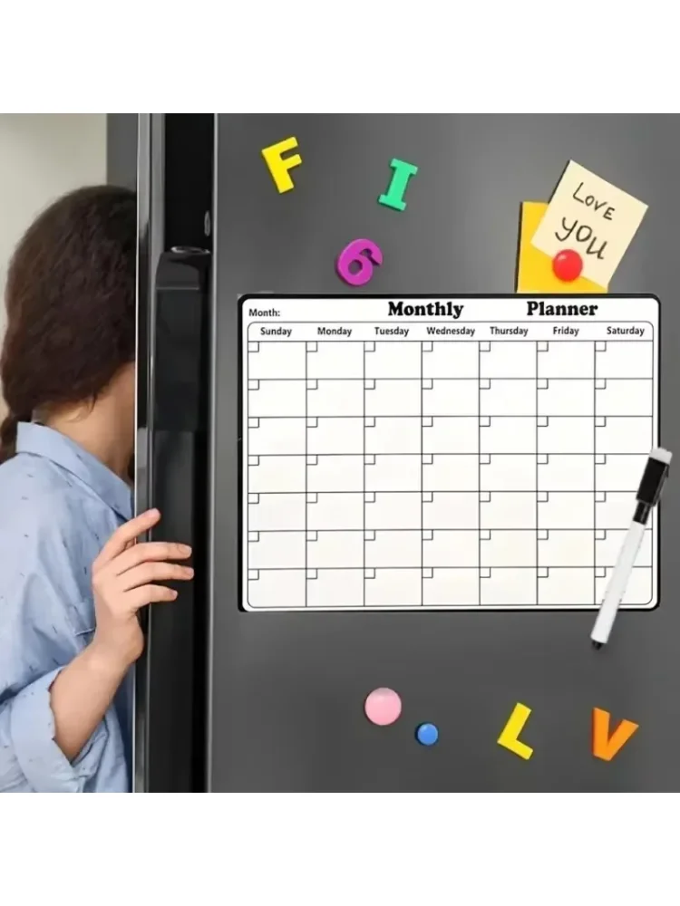 Magnetic Fridge Dry-Erase Calendar - Monthly Planner Whiteboard, Message Board & Notepad, Fridge Magnet