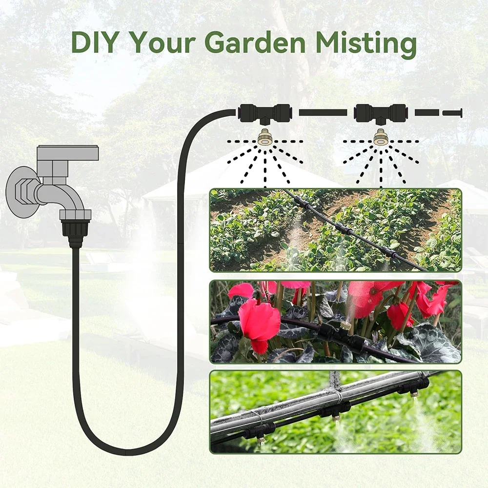 33FT DIY Outdoor Nebulizer Garden Sprayer Misting Cooling System Kit Includes 12 Brass Mist Nozzles For Patio Terrac Greenhouse