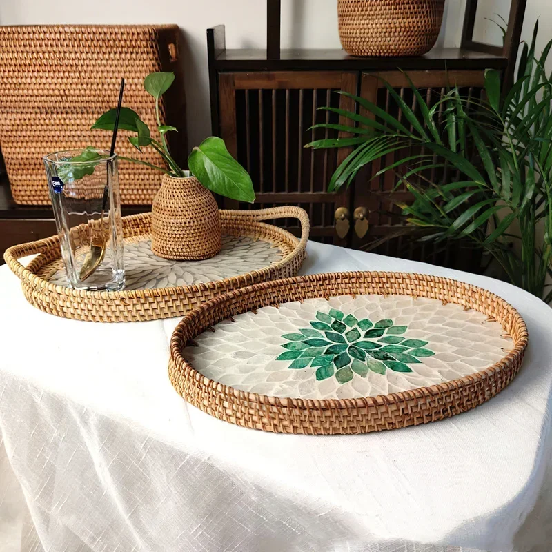 Rattan Basket HandWoven Fruit Storage Breakfast Severing Tray Drinks Snack Coffee Platters Bread Plate Home Tableware Organizer