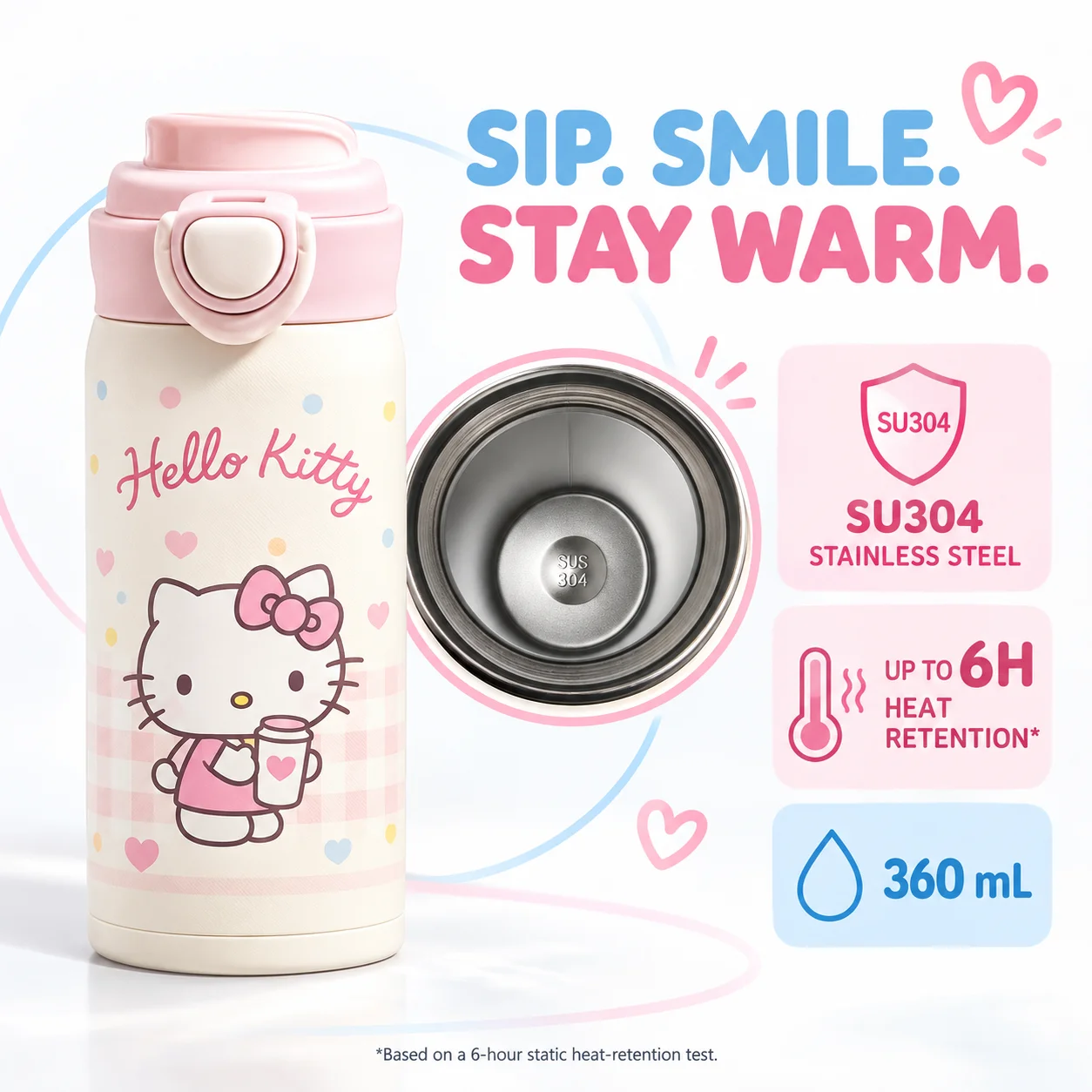 Sanrio 360mL 304 Stainless Steel Insulated Bottle Dual Drink Straw Sip Lid Thermal Water Flask Portable Travel Cup Gift