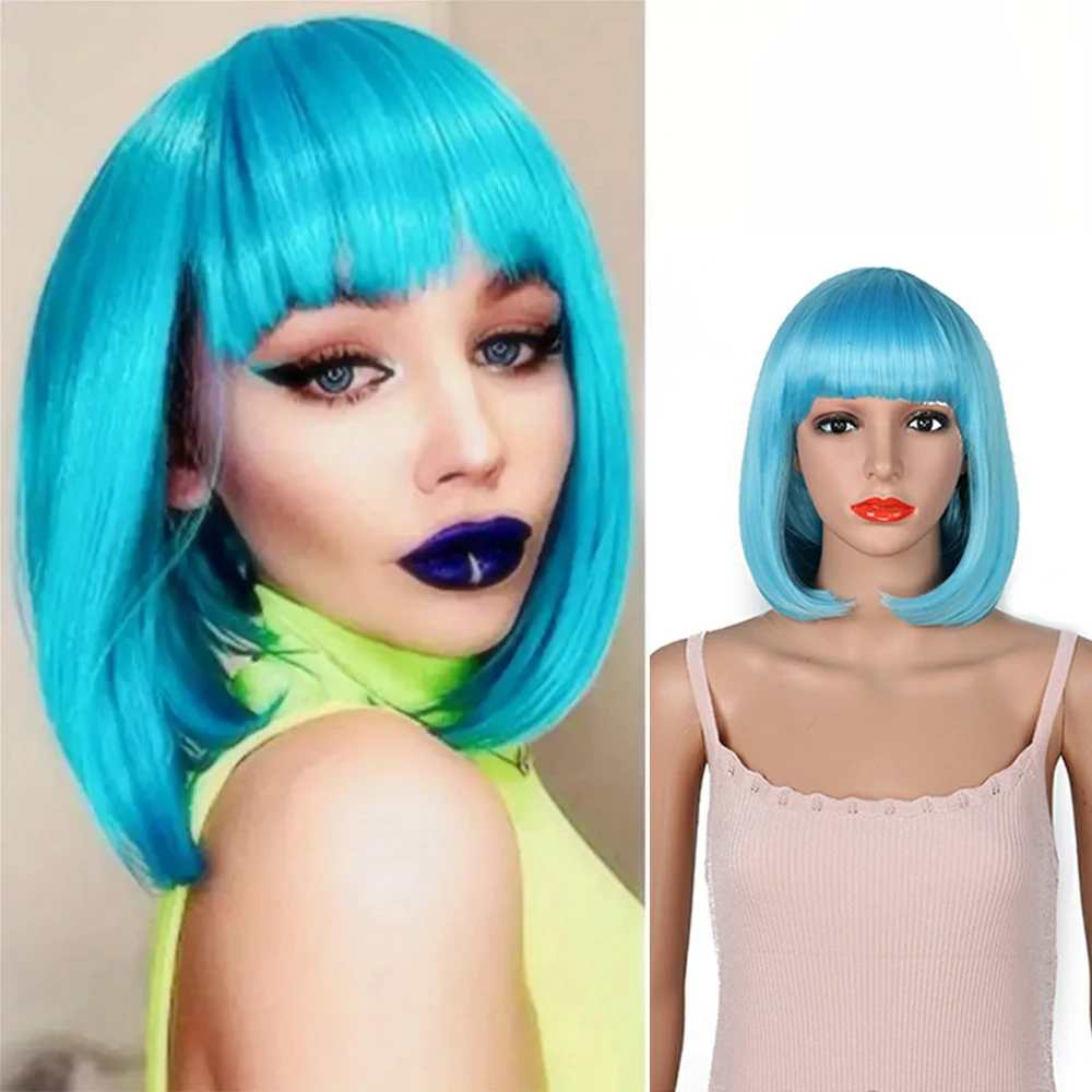 1PCS 35cm Y2K Colorful Short Straight Bob with Bangs Synthetic Asian wigs Glueless Heat Resistant Christmas Cosplay Hair wigs