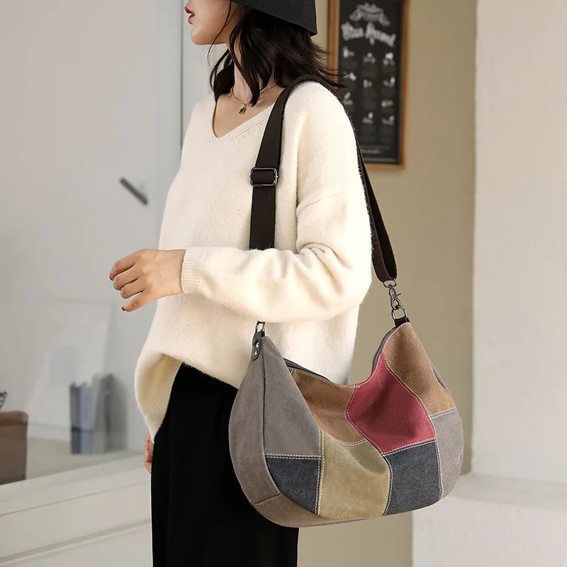 Vintage Canvas Bag Women\'s Large Capacity Single Shoulder Bag Color Patchwork Crossbody Bag Women\'s Portable Commuter Bag