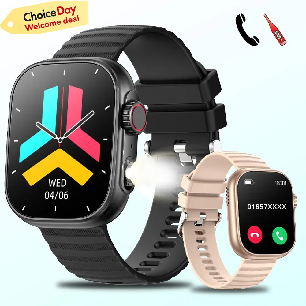 Relógios inteligentes com lanterna LED para homens e mulheres, rastreador de fitness, temperatura corporal, 2,01 \