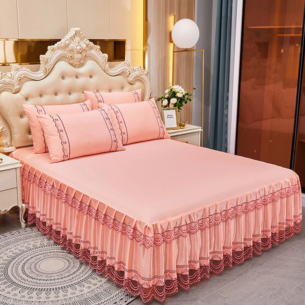 

Summer Lace Solid Color Bed Skirt Gauze Skirt Skin-friendly Bed Skirt Single and Double Ruffle Bed Cover Saray Tarzı Yatak Eteği