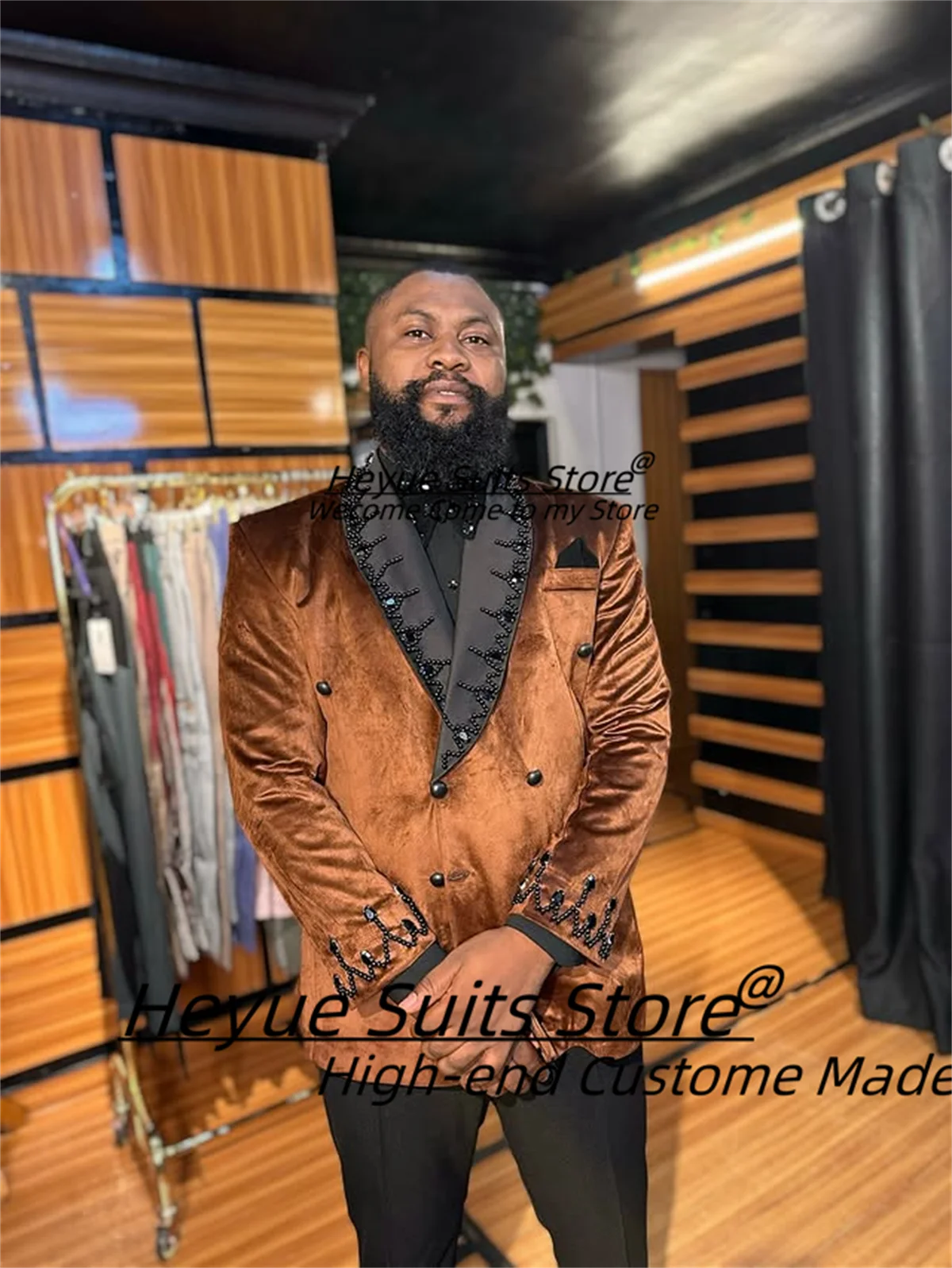 

Gorgeous Velvet Black Bead Groom Wedding Tuxedos Customized Slim Fit Double Breasted 2 Pcs Sets Male Party Blazers Costume Homme