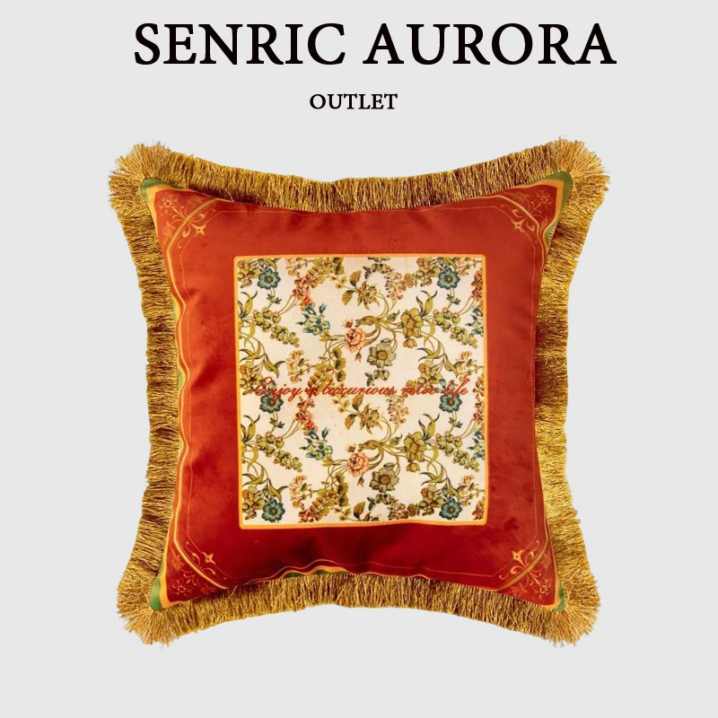 Luxury American Cushion Cover Double Sided Pattern Floral Velvet Tassel Pillowcase For Sofa Office Living Room